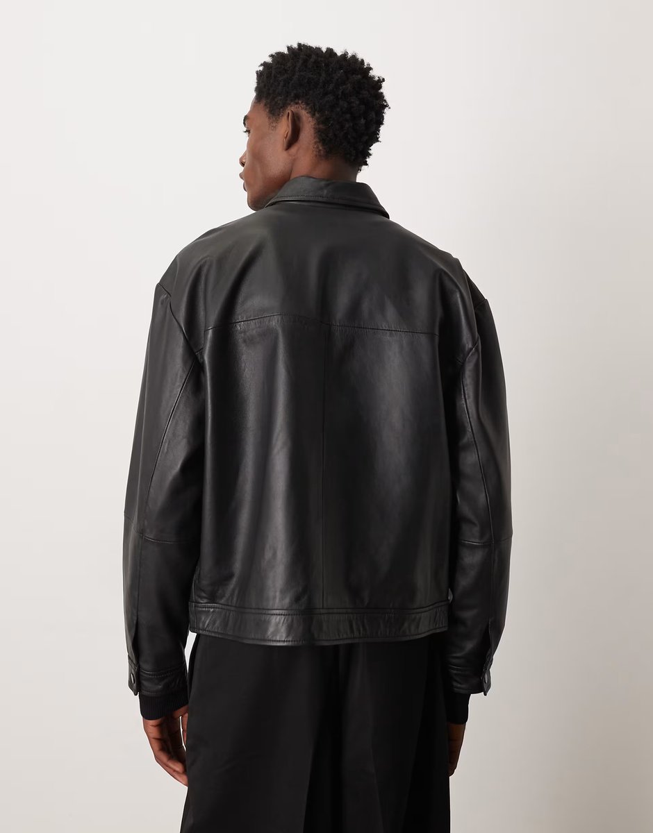 ASOS ASOS DESIGN harrington jacket in real leather in black - 4