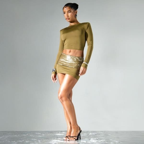 EGO Mid Rise Sequin Waistband Panel Mini Skirt In Khaki, Women's Size UK 8 - 1