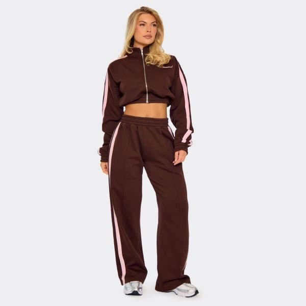EGO Mid Rise Contrast Stripe Straight Leg Joggers In Brown, Women's Size UK 4