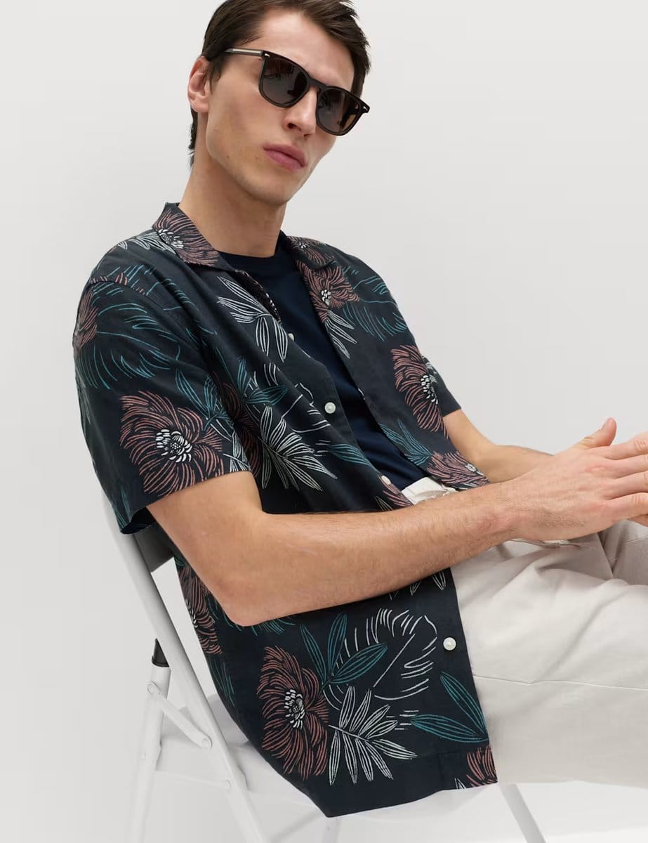 Marks & Spencer M&S Linen Rich Hawaiian Shirt Navy Mix - 1