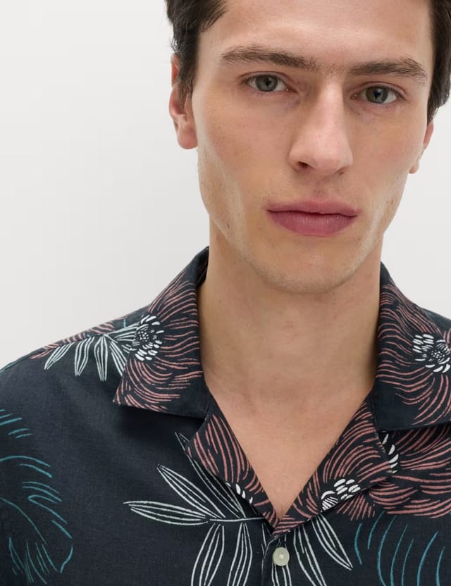 Marks & Spencer M&S Linen Rich Hawaiian Shirt Navy Mix - 3