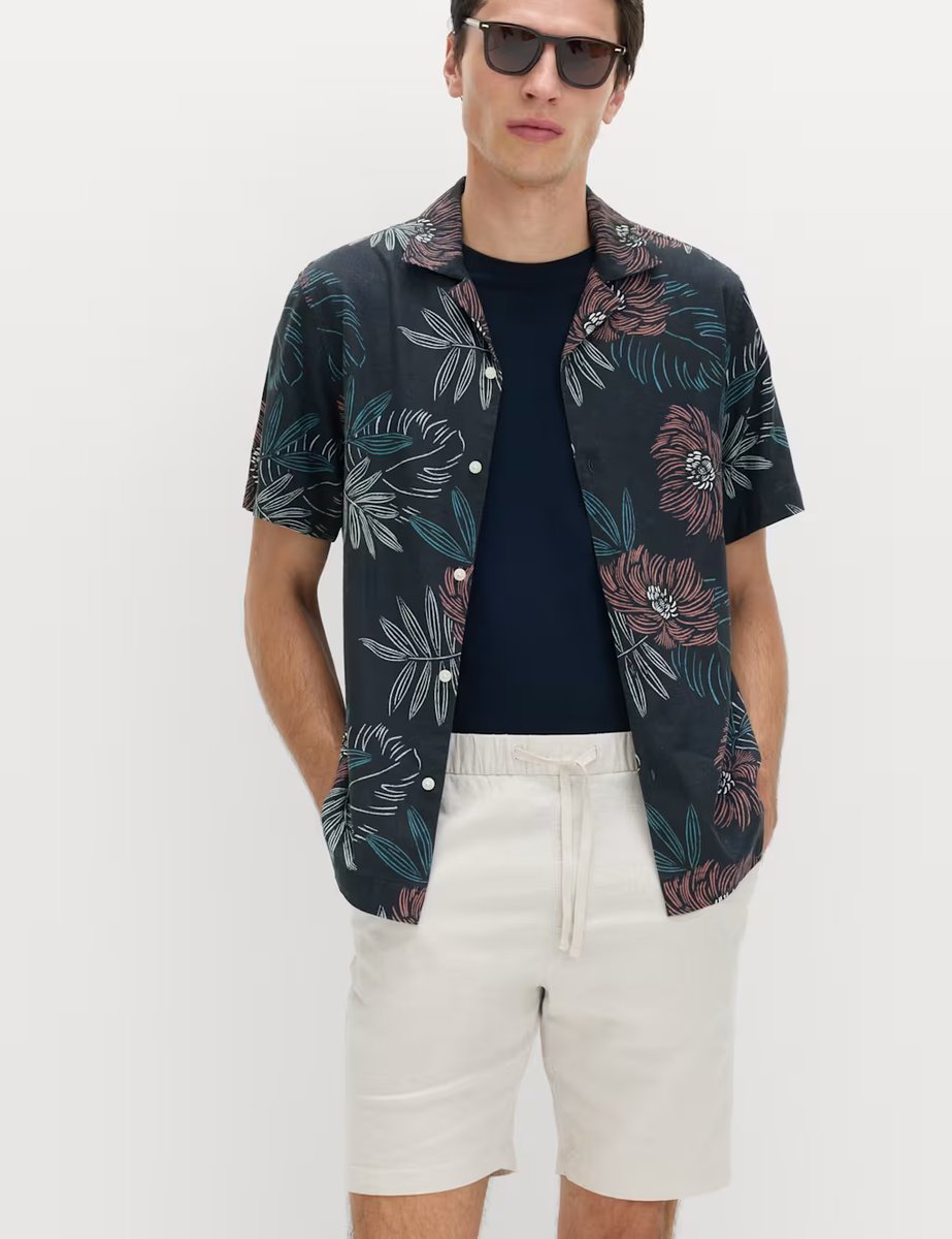 Marks & Spencer M&S Linen Rich Hawaiian Shirt Navy Mix - 4