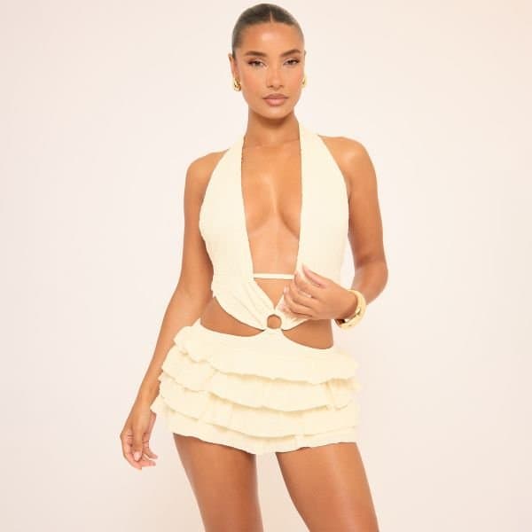 EGO Halterneck Ring Detail Cut Out Playsuit In Cream Texture, Women's Size UK 12