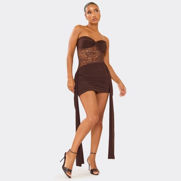 EGO Bandeau Panel Drape Detail Mini Dress In Chocolate Brown Lace, Women's Size UK 6 - 1