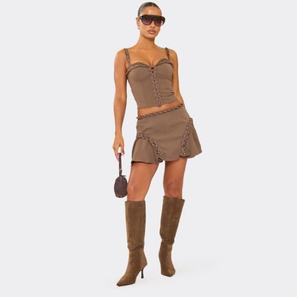 EGO Mid Rise Frill Side Eyelet Lace Up Detail Mini Skirt In Brown, Women's Size UK 6