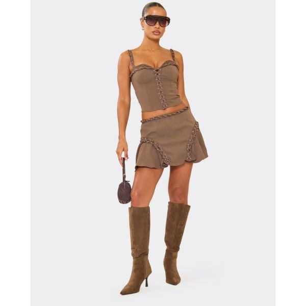 EGO Mid Rise Frill Side Eyelet Lace Up Detail Mini Skirt In Brown, Women's Size UK 6 - 2
