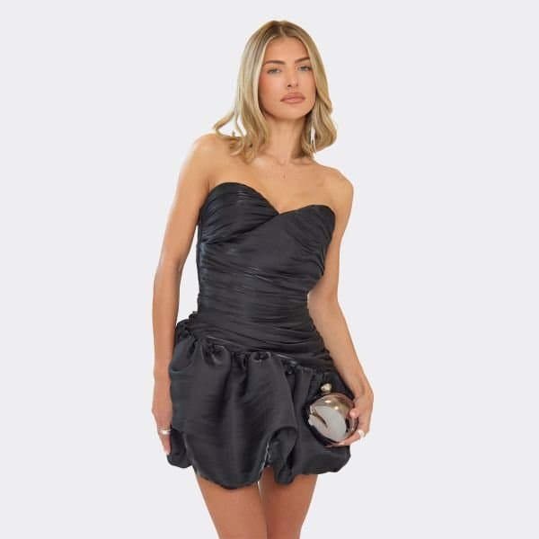 EGO Bandeau Ruched Puffball Mini Dress In Black, Women's Size UK 8