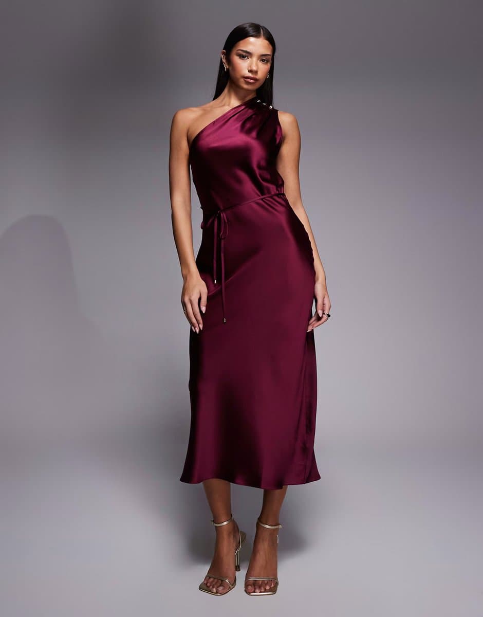 ASOS New Look satin one shoulder tie midi dress in burgundy