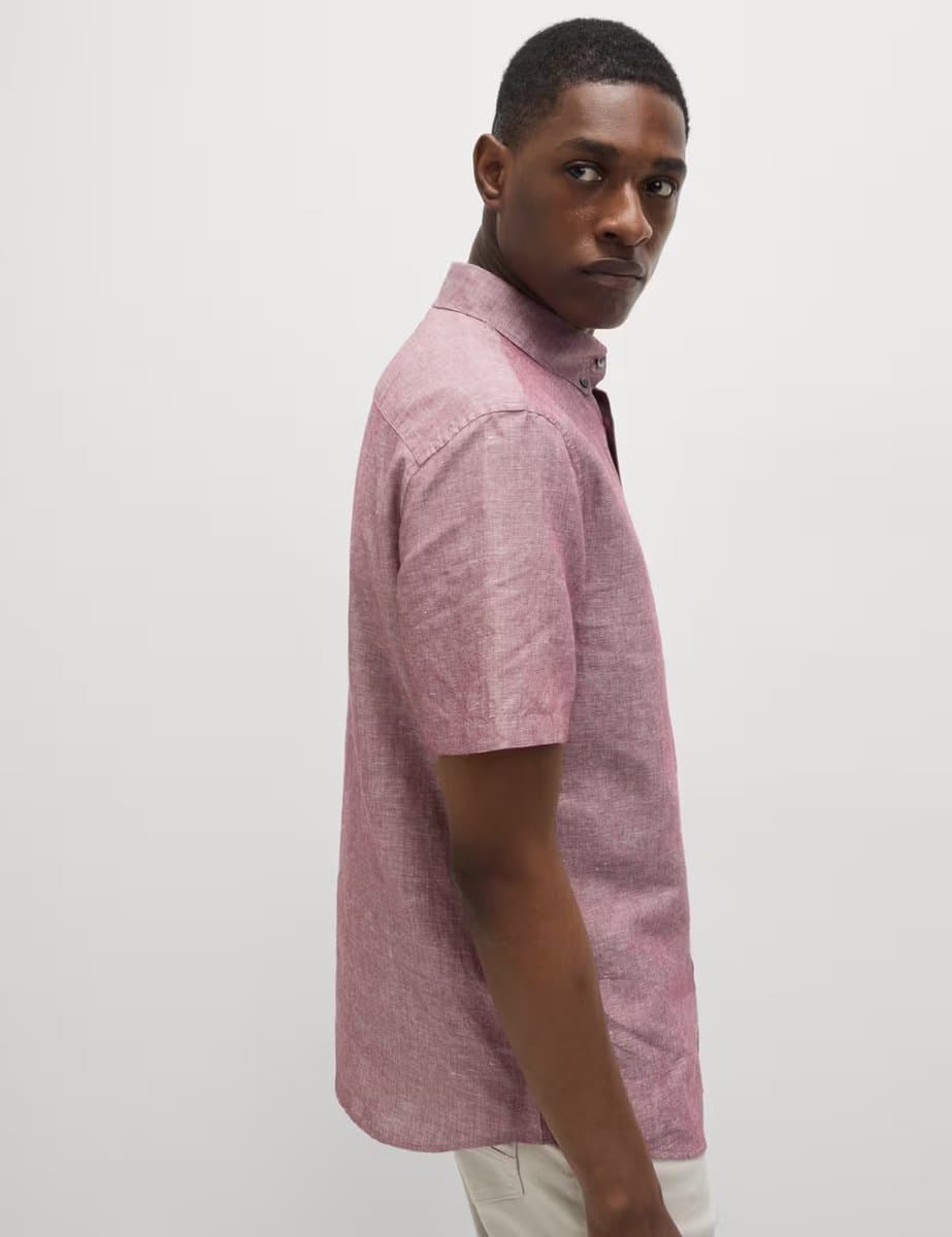 Marks & Spencer M&S Linen Cotton Short Sleeve Shirt Wine