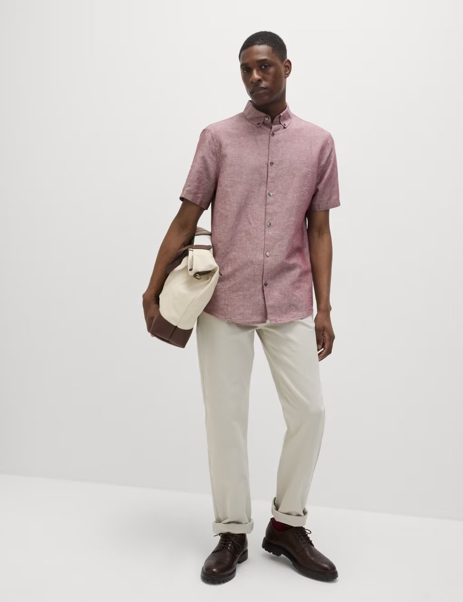 Marks & Spencer M&S Linen Cotton Short Sleeve Shirt Wine - 4