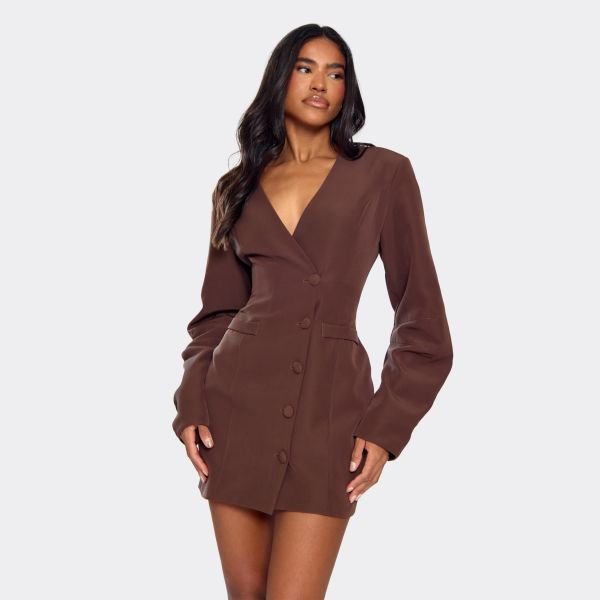 EGO Cocoon Sleeve Plunge Button Front Detail Blazer Dress In Chocolate Brown, Women's Size UK 6 - 1