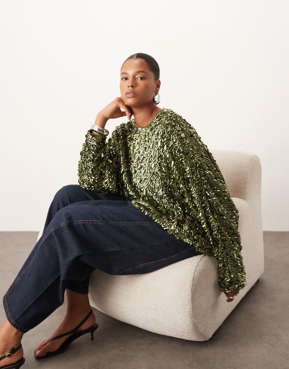 ASOS ARRANGE Curve long sleeve square cut top in molten khaki sequin