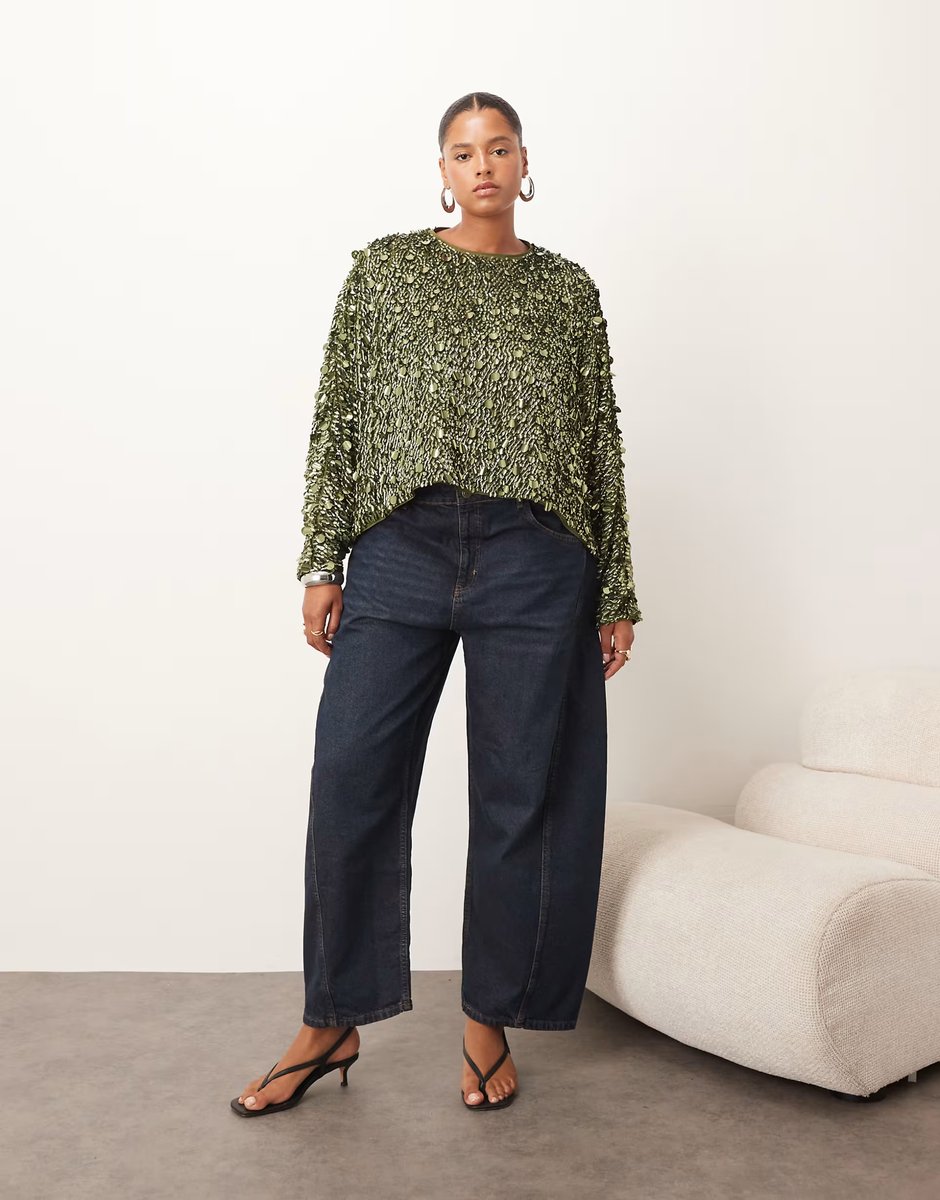 ASOS ARRANGE Curve long sleeve square cut top in molten khaki sequin - 3