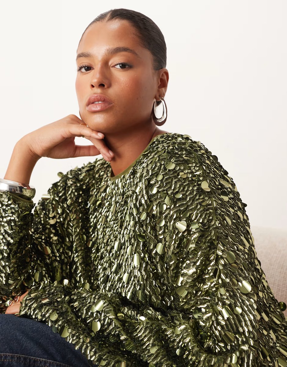 ASOS ARRANGE Curve long sleeve square cut top in molten khaki sequin - 4