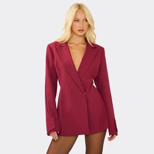 EGO Long Sleeve Collared Cinched Waist Detail Blazer Playsuit In Burgundy, Women's Size UK 4