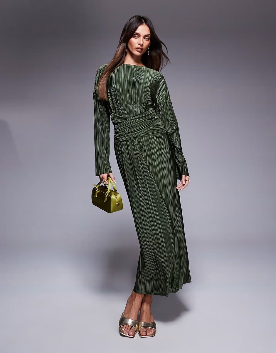 ASOS ASOS DESIGN plisse high neck long sleeve wrap waist maxi dress in khaki