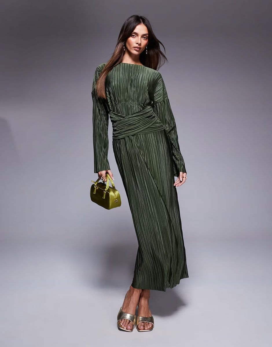 ASOS ASOS DESIGN plisse high neck long sleeve wrap waist maxi dress in khaki - 1