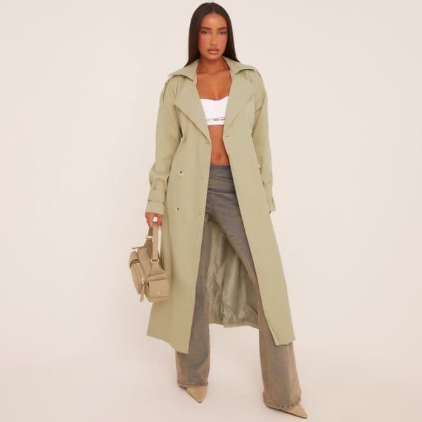 EGO EGO Button Front Trench Coat in Sage Green