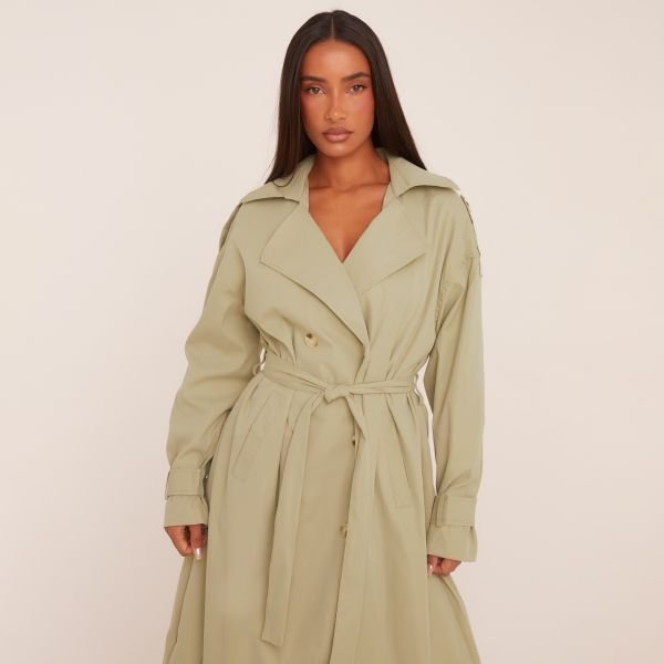 EGO Button Front Trench Coat In Sage Green, Women's Size UK 6 - 2