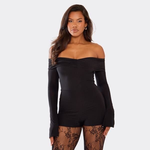 EGO Long Flared Sleeve Bardot Ruched Front Playsuit In Black, Women's Size UK 4 - 1