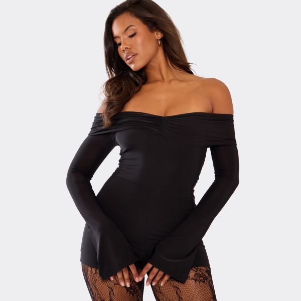 EGO Long Flared Sleeve Bardot Ruched Front Playsuit In Black, Women's Size UK 4 - 2