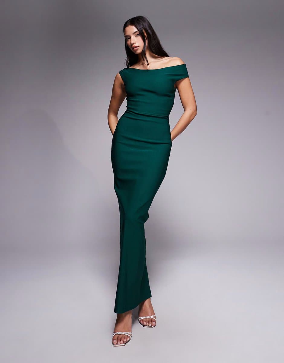 ASOS Vesper bengaline off shoulder maxi dress in forest green