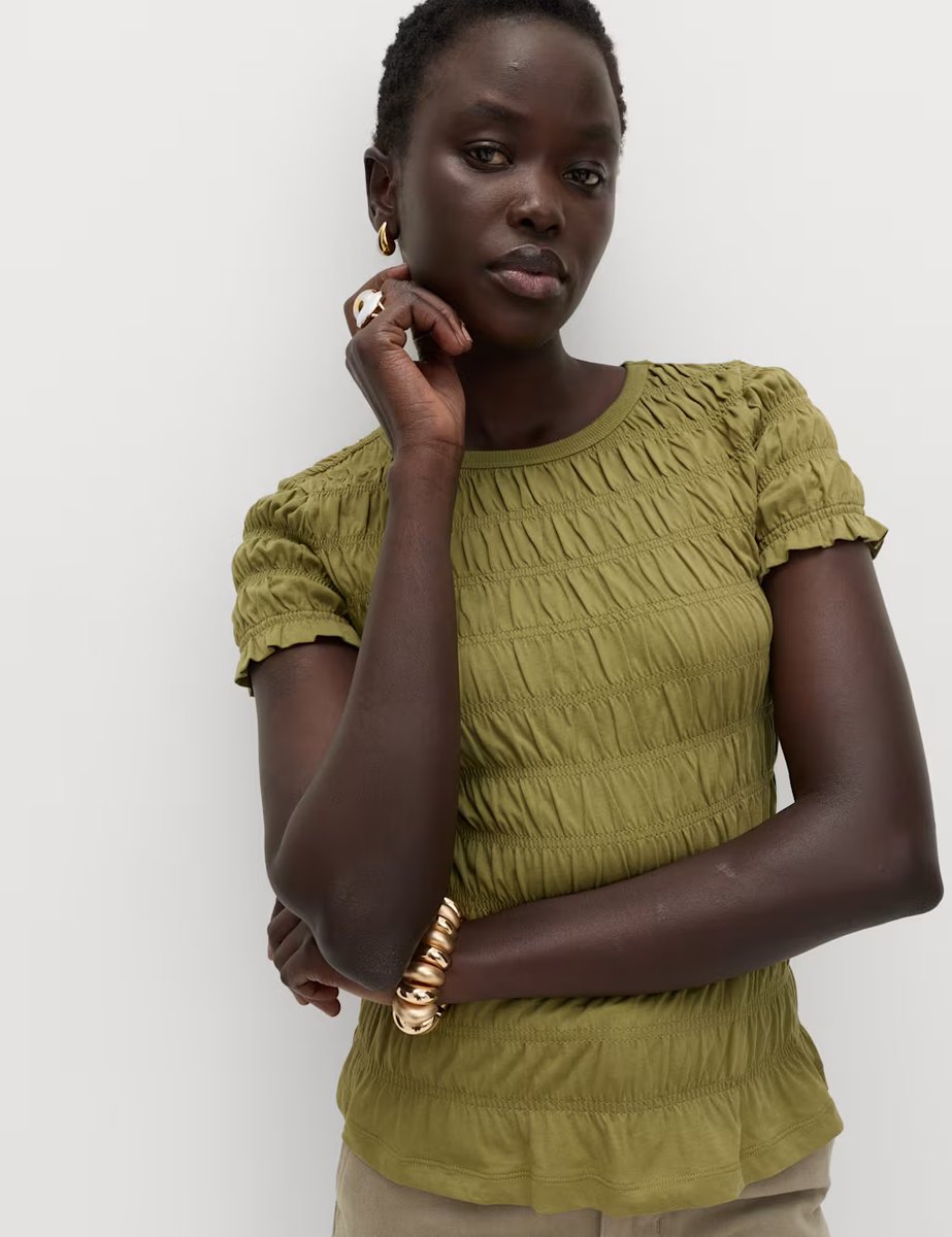 Marks & Spencer M&S Pure Cotton Smocked Detail Top Lime - 2