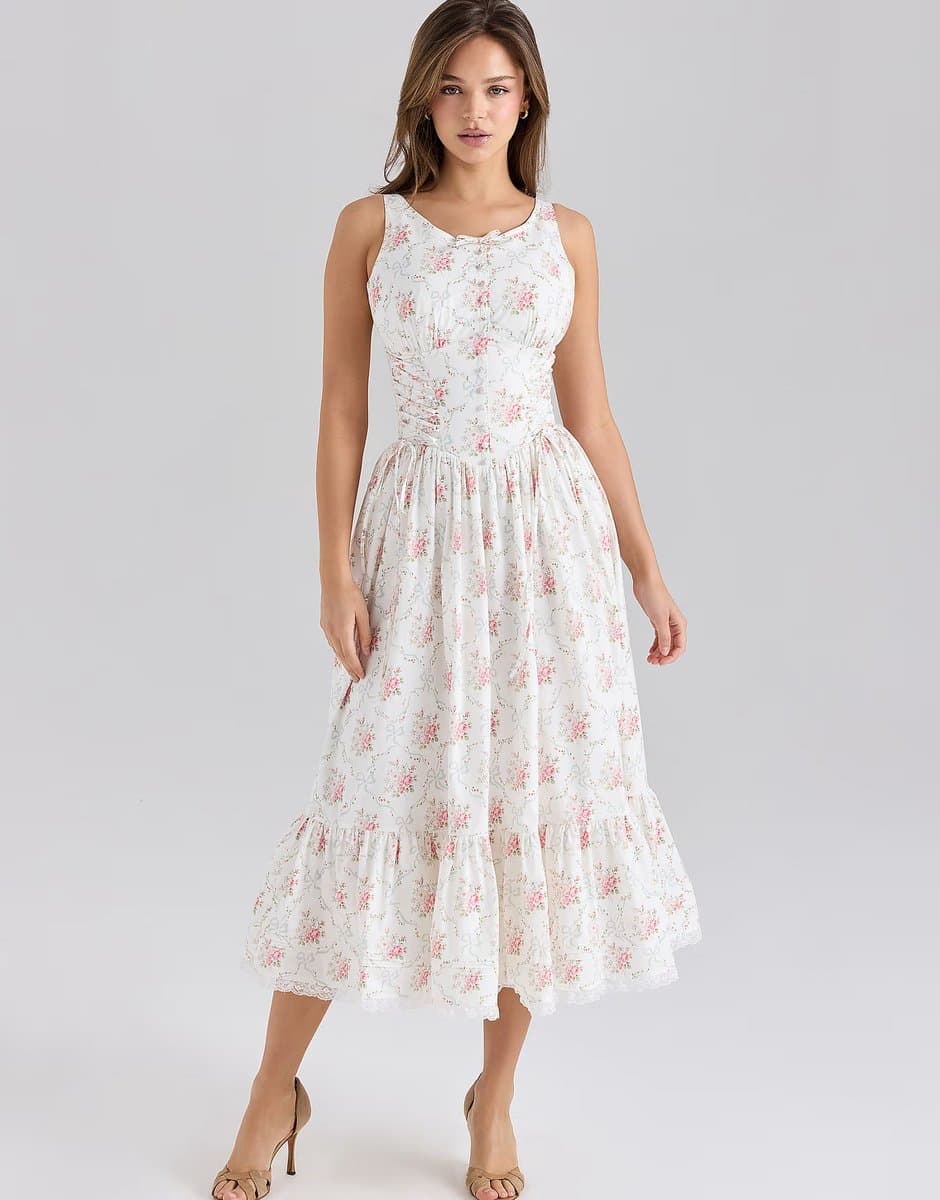 ASOS House of CB Sienna stretch cotton lace up midi dress in rose print