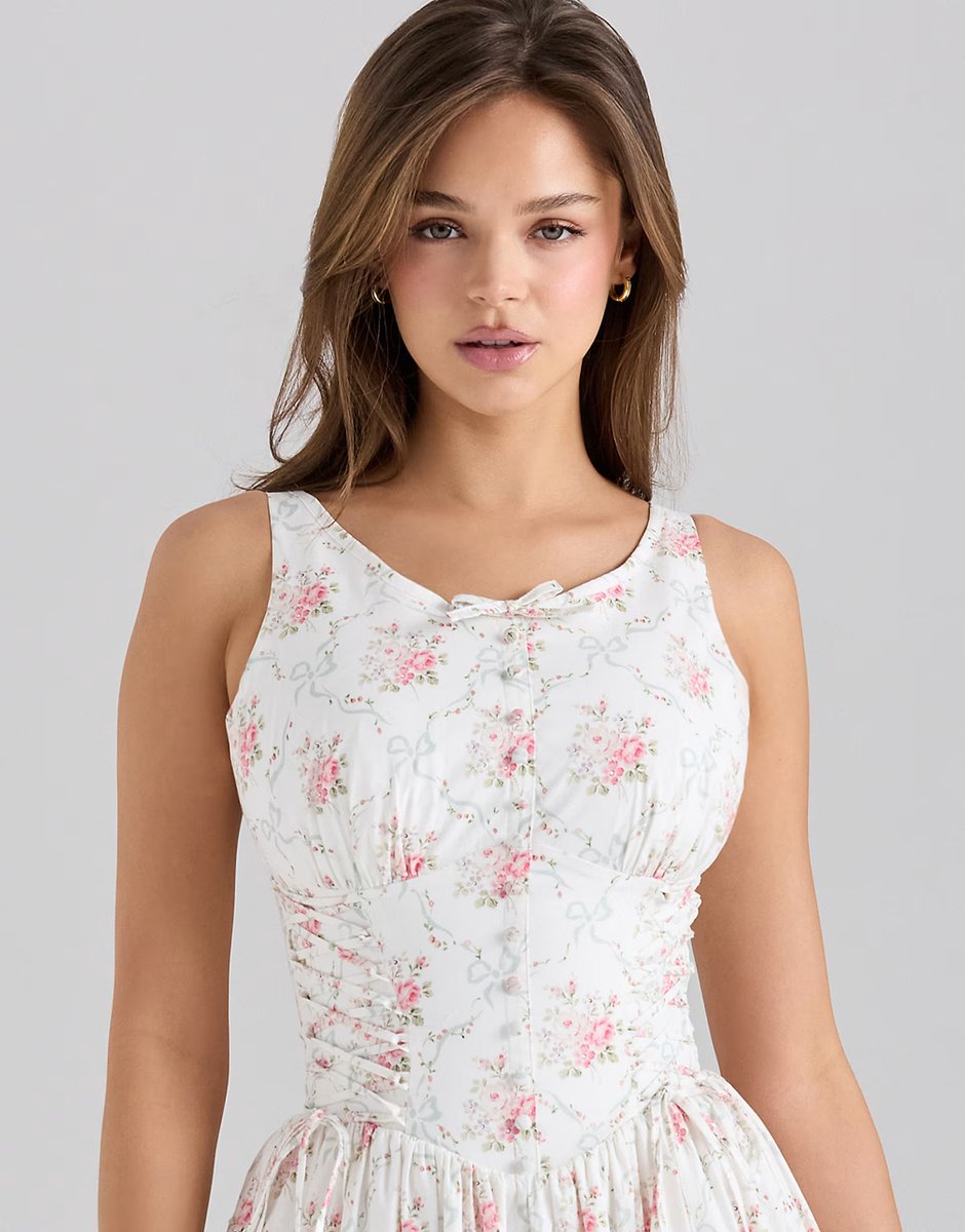 ASOS House of CB Sienna stretch cotton lace up midi dress in rose print - 2