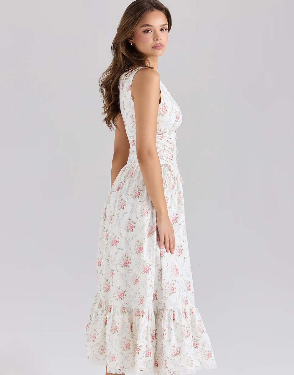 ASOS House of CB Sienna stretch cotton lace up midi dress in rose print - 3