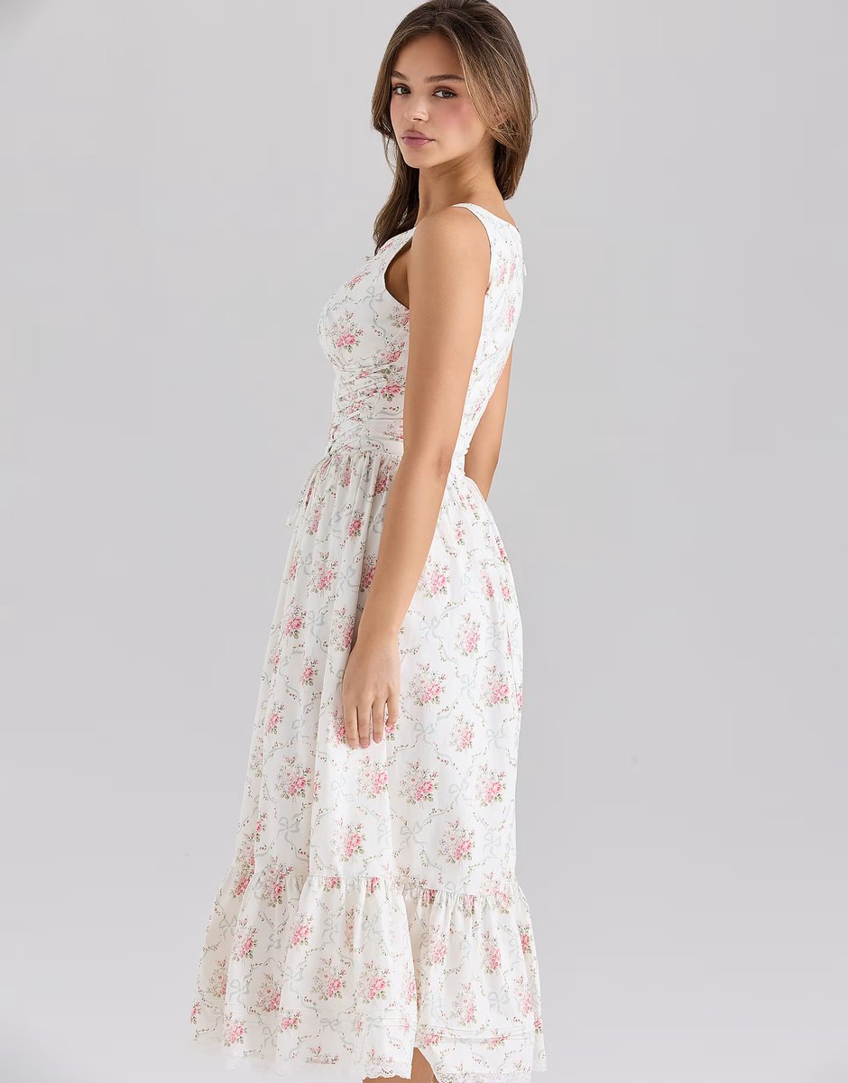 ASOS House of CB Sienna stretch cotton lace up midi dress in rose print - 4