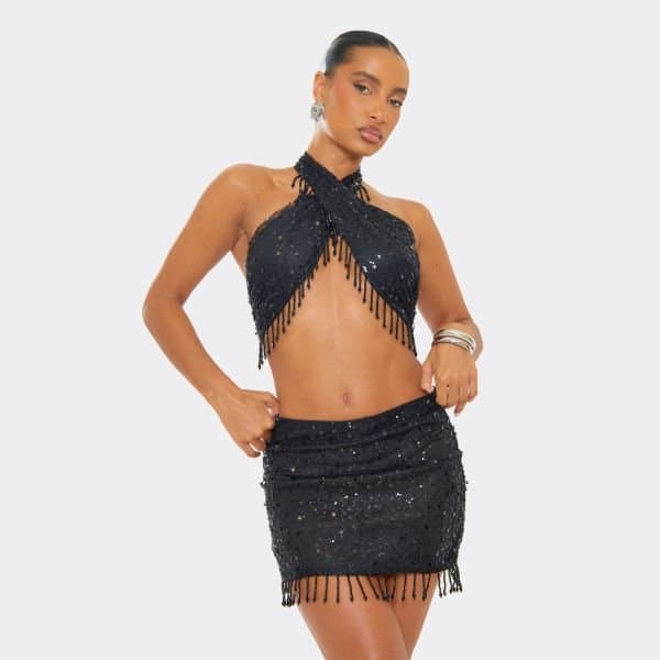 EGO Crossover Beaded Tassel Hem Detail Crop Top In Black Sequin, Women's Size UK 10