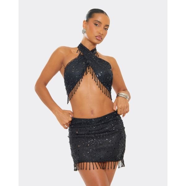EGO Crossover Beaded Tassel Hem Detail Crop Top In Black Sequin, Women's Size UK 10 - 2