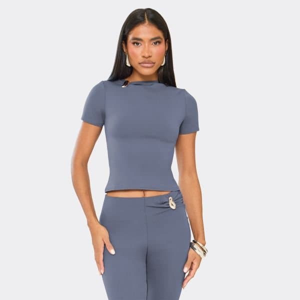 EGO Short Sleeve Asymmetric Neck Trim Detail Fitted Top In Steel Blue, Women's Size UK 6