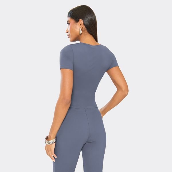 EGO Short Sleeve Asymmetric Neck Trim Detail Fitted Top In Steel Blue, Women's Size UK 6 - 2