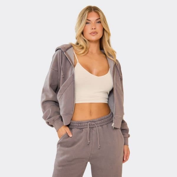 EGO Boxy Double Zip Up Hoodie In Washed Charcoal, Women's Size UK 4