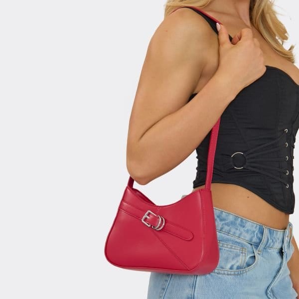 EGO Devon Buckle Detail Shaped Shoulder Bag In Red Faux Leather, Women's Size UK One Size - 1