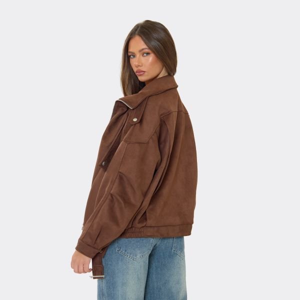 EGO High Neck Zip Detail Bomber Jacket In Chocolate Brown Faux Suede, Women's Size UK Large L - 2