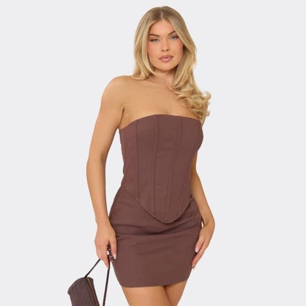 EGO Bandeau Boned Corset Detail Mini Dress In Chocolate Brown, Women's Size UK 6