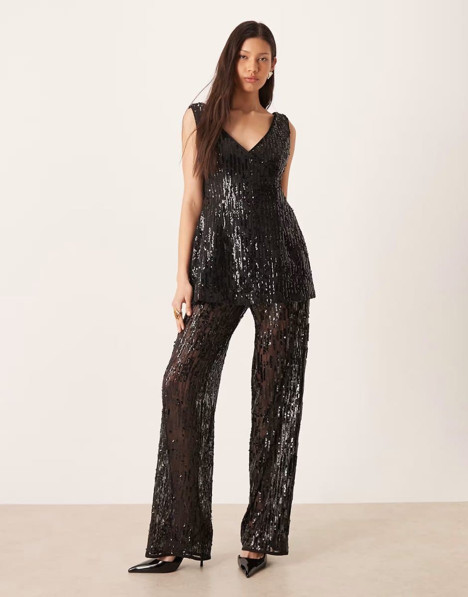 ASOS ASOS DESIGN tailored wide leg sheer sequin trousers co-ord in black 