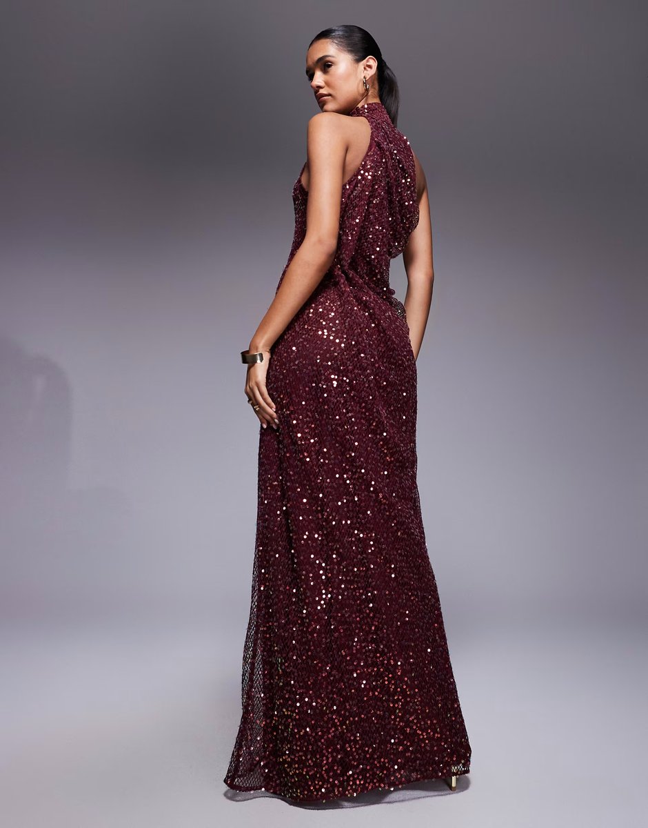 ASOS ASOS DESIGN embellished halterneck maxi dress in burgundy - 3