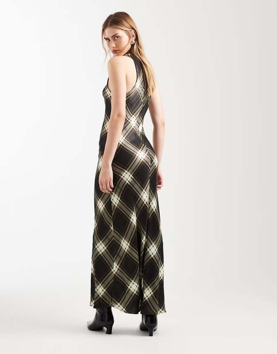 ASOS ASOS DESIGN satin scoop maxi dress in brown check - 3