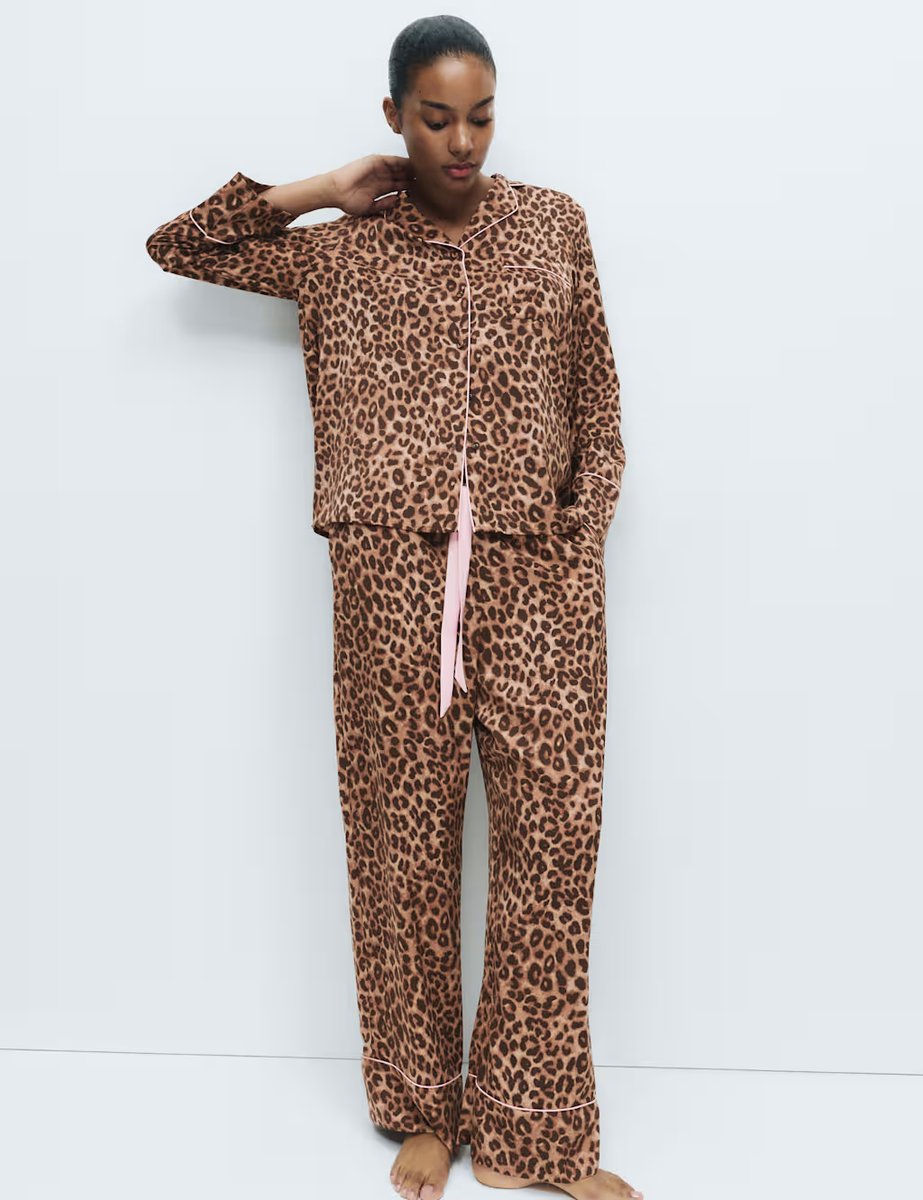 Marks & Spencer M&S Dream Satin™ Animal Print Revere Pyjama Set Brown Mix - 3
