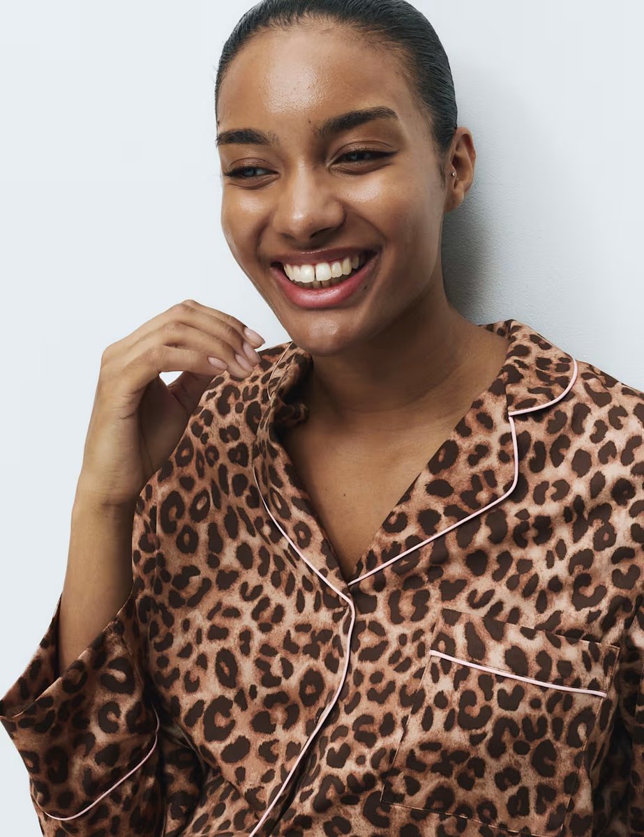 Marks & Spencer M&S Dream Satin™ Animal Print Revere Pyjama Set Brown Mix - 4