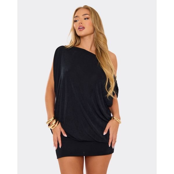EGO Off The Shoulder Draped Asymmetric Mini Dress In Black, Women's Size UK 4 - 2