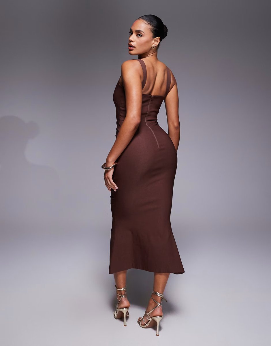 ASOS Vesper bengaline sleeveless square neck fishtail midi dress in chocolate brown - 4