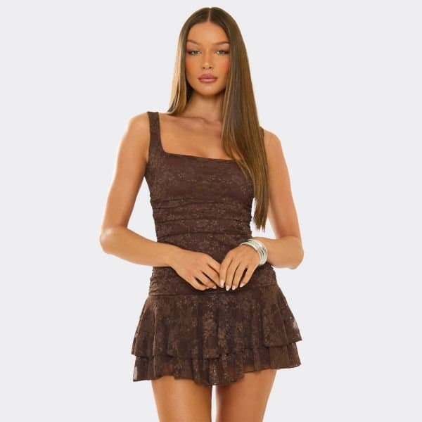 EGO Square Neck Frill Hem Detail Mini Dress In Chocolate Brown Lace, Women's Size UK 6
