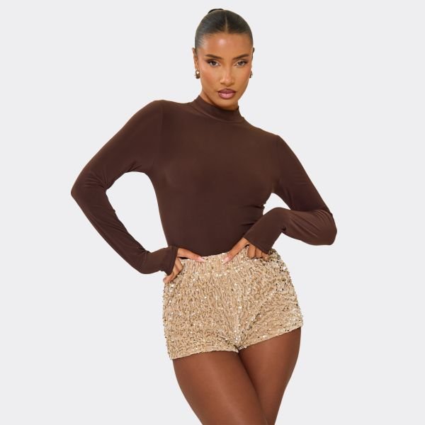 EGO Elastic Waist Micro Shorts In Gold Velvet Sequin, Women's Size UK 8 - 1