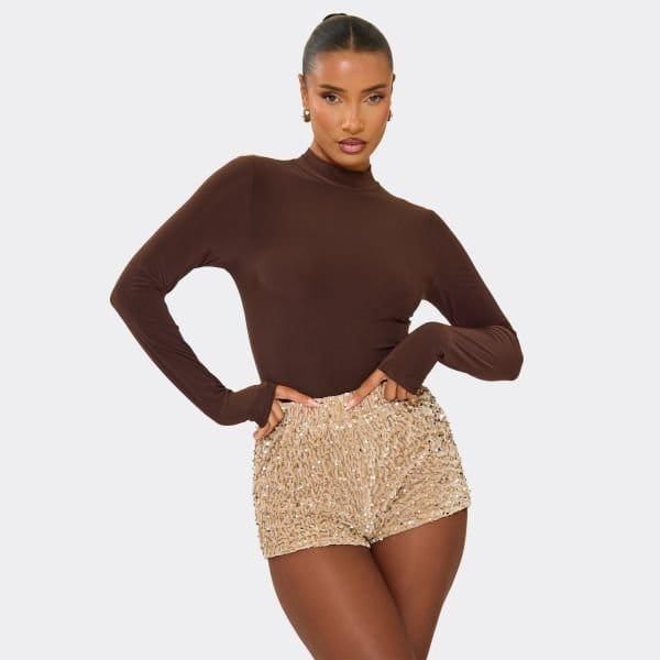 EGO Elastic Waist Micro Shorts In Gold Velvet Sequin, Women's Size UK 8 - 1