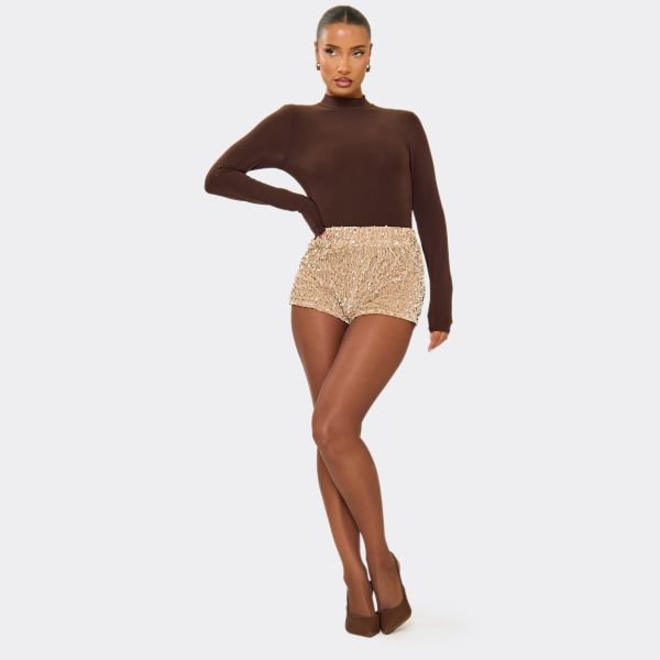 EGO Elastic Waist Micro Shorts In Gold Velvet Sequin, Women's Size UK 8 - 2